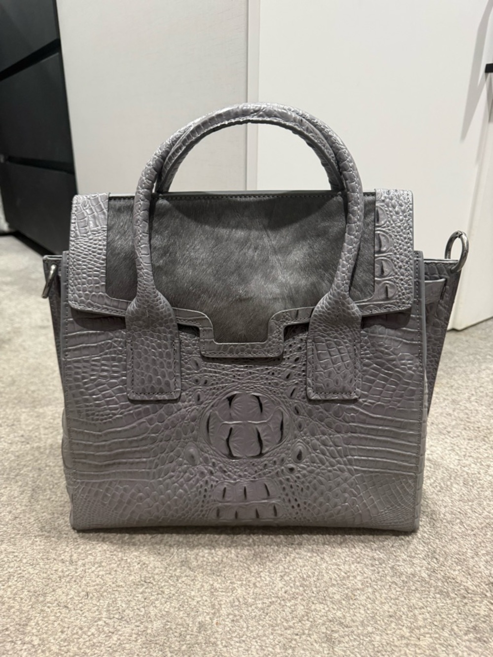 Gray Croc Leather & Pony Hair Satchel